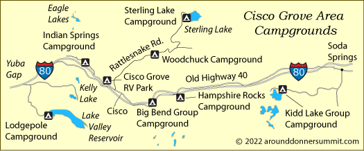 map of campgrounds around Cisco Grove, Big Bend, and Soda Springs, CA