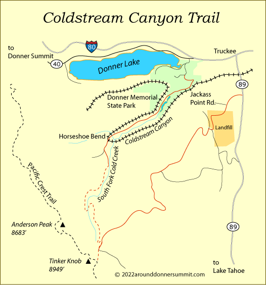 map of the Coldstream Canyon Trail, Tahoe National Forest, CA