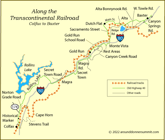 map of the transcontinental railroad from Colfax to Baxter, CA