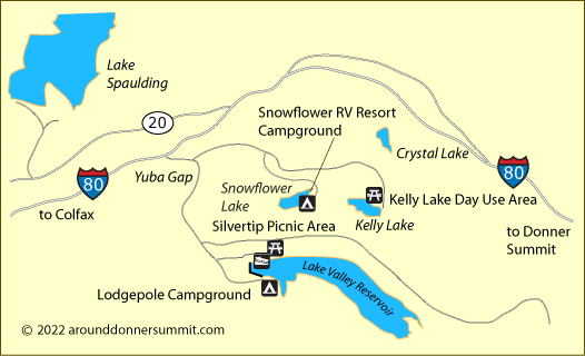 map of campgrounds at Lake Valley Reservoir and Snowflower RV Resort and Campground, CA