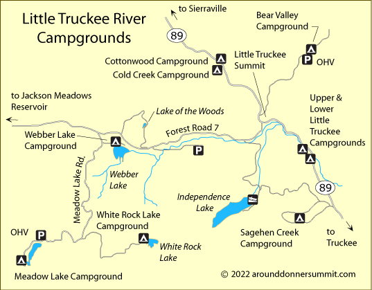 map of campgrounds along the Little Truckee River, CA