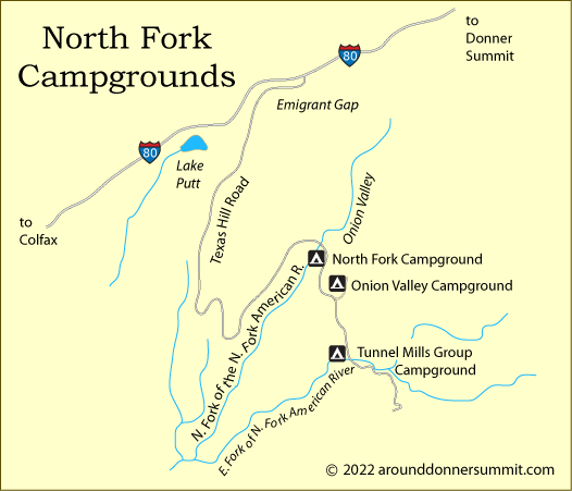 map of campgrounds along the North Fork of the American River, CA
