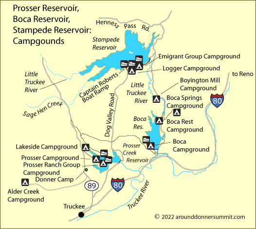 map of campgrounds around Prosser Reservoir, Boca Reservoir and Stampede Reservoir, CA