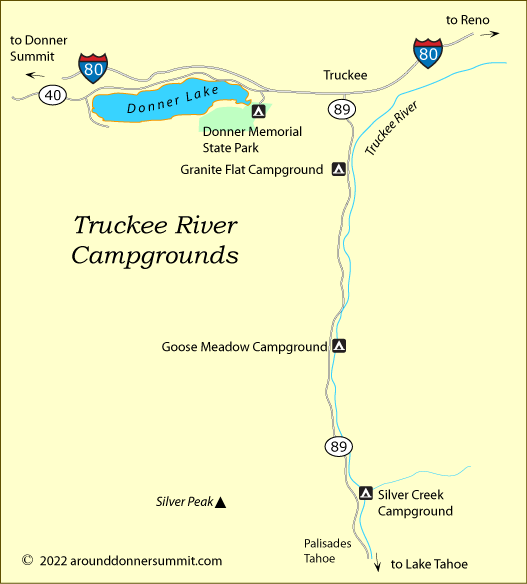 map of campgrounds along the Truckee River south of Truckee, CA