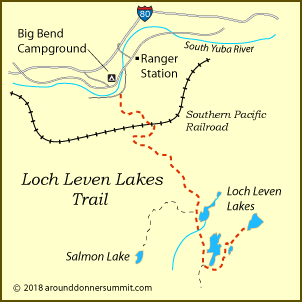 map of trail to Loch Leven Lakes in the Tahoe National Forest, CA
