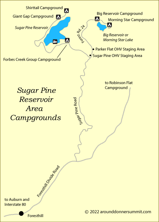 map of campgrounds near Sugar Pine Reservoir, Foresthill, CA